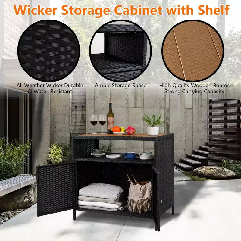 Armoire de rangement en résine tressée, organisateur polyvalent intérieur/extérieur avec plateau spacieux et étagère, idéal pour le patio, le jardin, le bord de piscine ou la cuisine