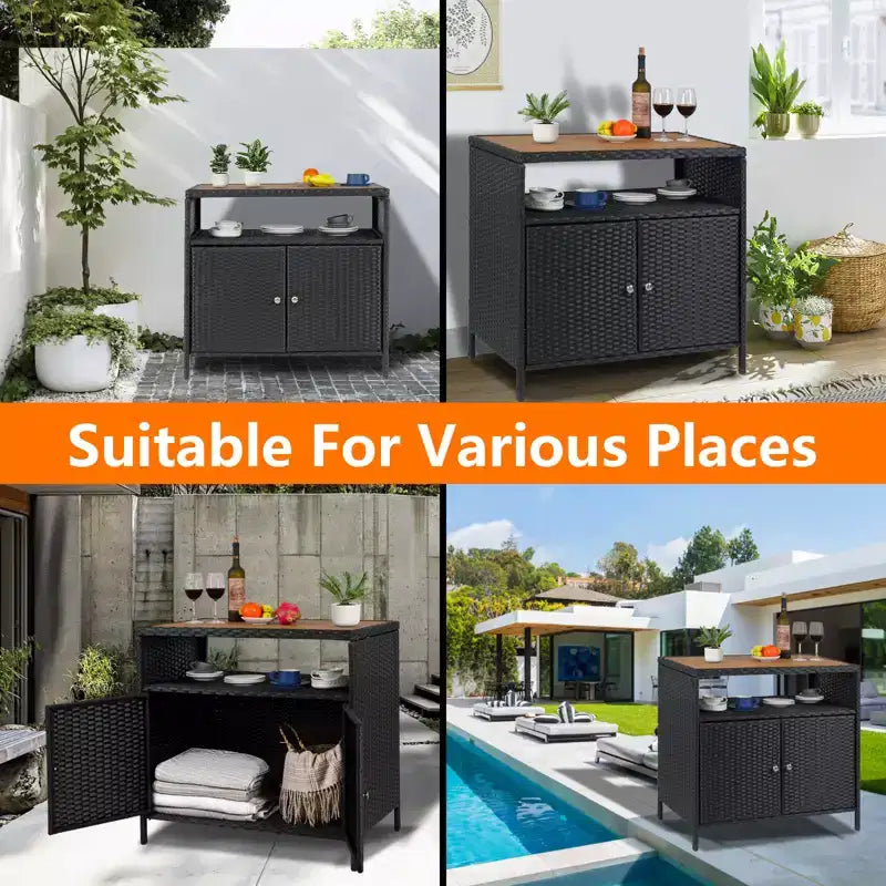 Armoire de rangement en résine tressée, organisateur polyvalent intérieur/extérieur avec plateau spacieux et étagère, idéal pour le patio, le jardin, le bord de piscine ou la cuisine