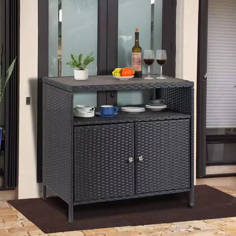 Armoire de rangement en résine tressée, organisateur polyvalent intérieur/extérieur avec plateau spacieux et étagère, idéal pour le patio, le jardin, le bord de piscine ou la cuisine