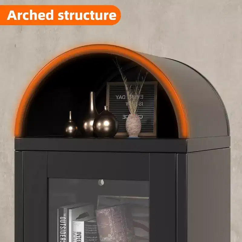 COZONY Armoire de présentation autoportante arquée, étagères en verre avec porte, bibliothèque pour salle à manger, bureau, cuisine