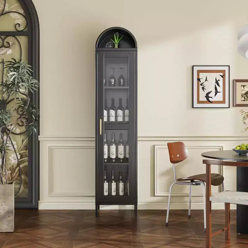 COZONY Armoire de présentation autoportante arquée, étagères en verre avec porte, bibliothèque pour salle à manger, bureau, cuisine