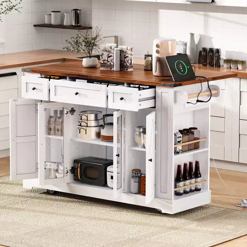 Îlot de cuisine de 53'', îlot de cuisine roulant sur roulettes avec 5 étagères latérales ouvertes et 3 tiroirs, chariot de cuisine pour salle à manger