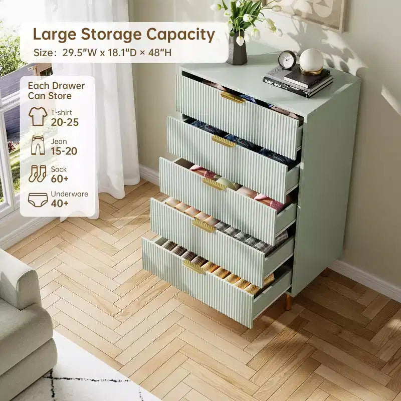 Commode moderne à 5 tiroirs pour chambre à coucher avec double commode en bois et organiseur de rangement, poignée dorée et grand tiroir, pour salon, couloir