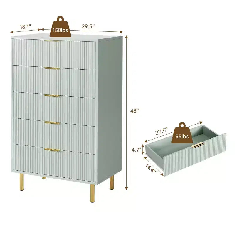 Commode moderne à 5 tiroirs pour chambre à coucher avec double commode en bois et organiseur de rangement, poignée dorée et grand tiroir, pour salon, couloir