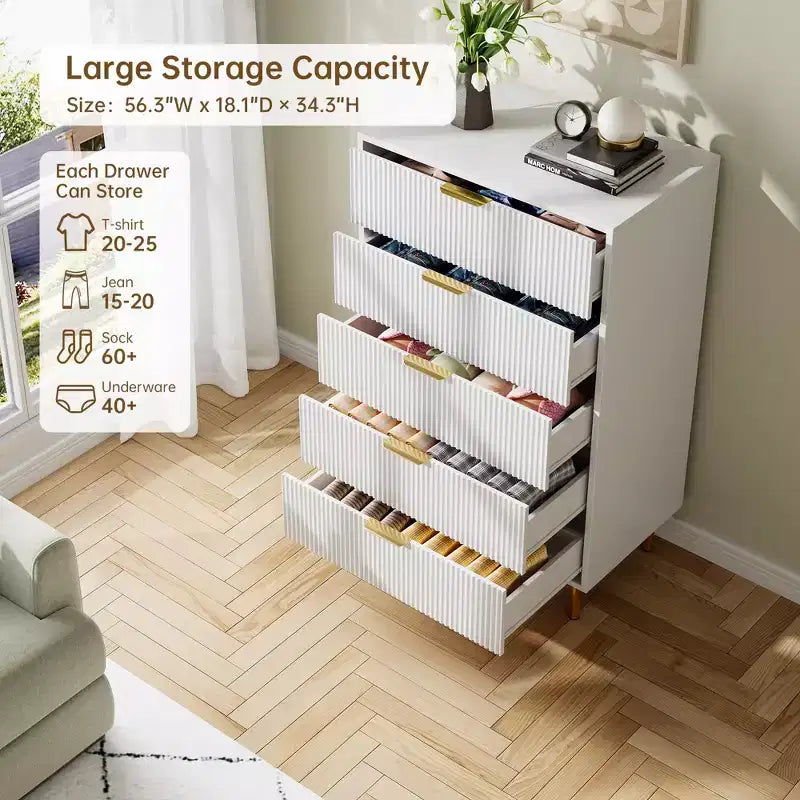 Commode moderne à 5 tiroirs pour chambre à coucher avec double commode en bois et organiseur de rangement, poignée dorée et grand tiroir, pour salon, couloir