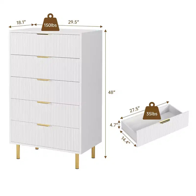 Commode moderne à 5 tiroirs pour chambre à coucher avec double commode en bois et organiseur de rangement, poignée dorée et grand tiroir, pour salon, couloir