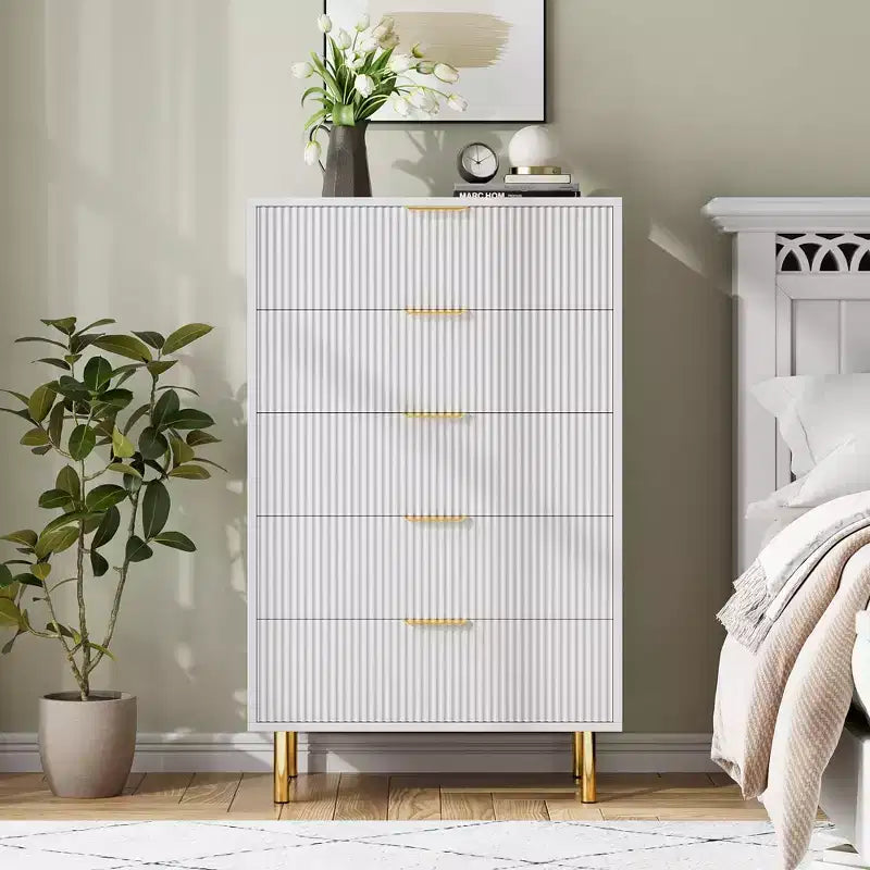 Commode moderne à 5 tiroirs pour chambre à coucher avec double commode en bois et organiseur de rangement, poignée dorée et grand tiroir, pour salon, couloir