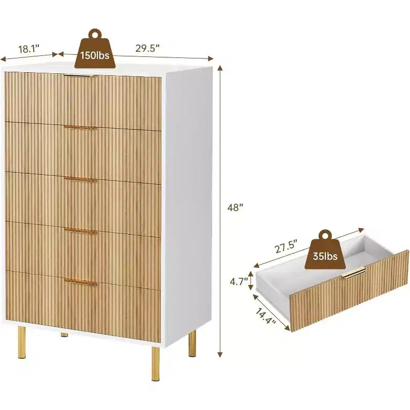 Commode moderne à 5 tiroirs pour chambre à coucher avec double commode en bois et organiseur de rangement, poignée dorée et grand tiroir, pour salon, couloir