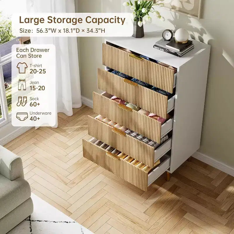 Commode moderne à 5 tiroirs pour chambre à coucher avec double commode en bois et organiseur de rangement, poignée dorée et grand tiroir, pour salon, couloir