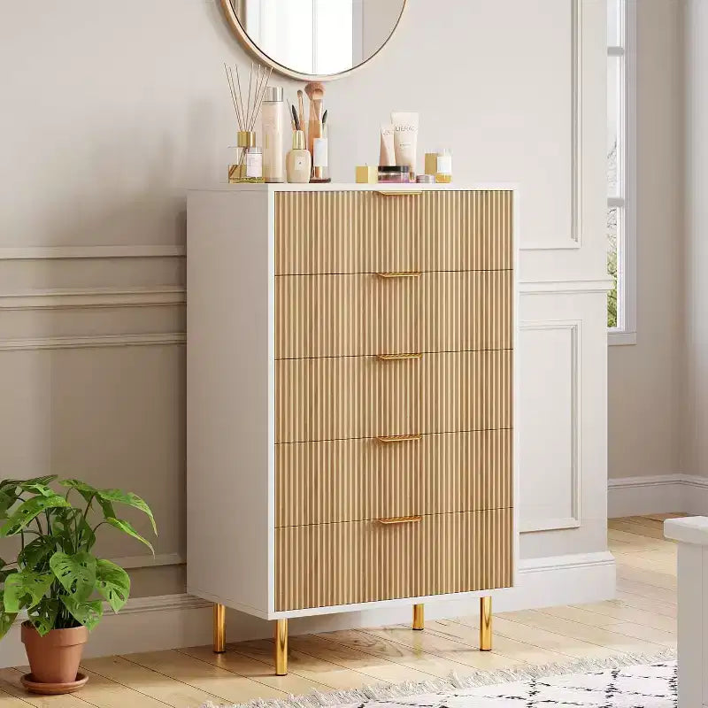 Commode moderne à 5 tiroirs pour chambre à coucher avec double commode en bois et organiseur de rangement, poignée dorée et grand tiroir, pour salon, couloir