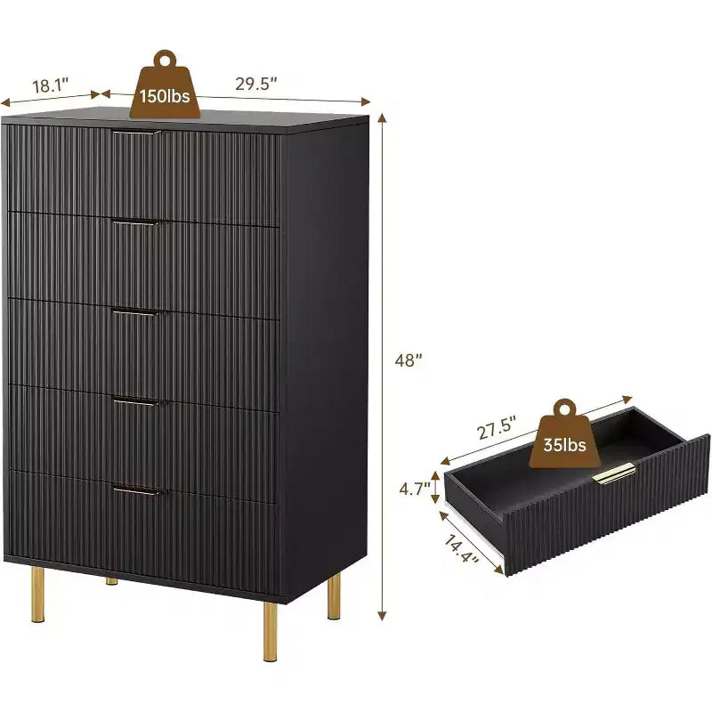 Commode moderne à 5 tiroirs pour chambre à coucher avec double commode en bois et organiseur de rangement, poignée dorée et grand tiroir, pour salon, couloir