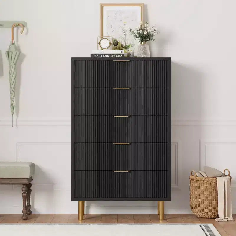 Commode moderne à 5 tiroirs pour chambre à coucher avec double commode en bois et organiseur de rangement, poignée dorée et grand tiroir, pour salon, couloir