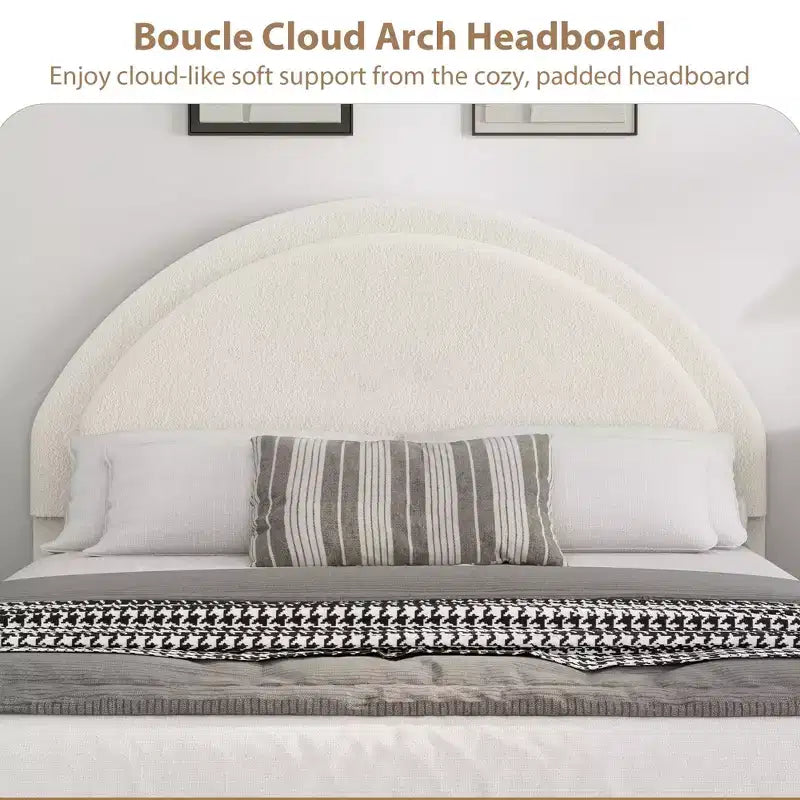 Cadre de lit double en tissu bouclette avec 2 tiroirs de rangement, cadre de lit plateforme rembourré doux avec tête de lit ronde, lattes en bois, pas besoin de sommier tapissier