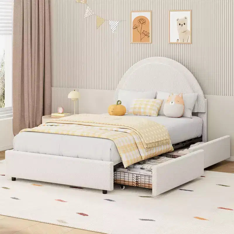Cadre de lit double en tissu bouclette avec 2 tiroirs de rangement, cadre de lit plateforme rembourré doux avec tête de lit ronde, lattes en bois, pas besoin de sommier tapissier