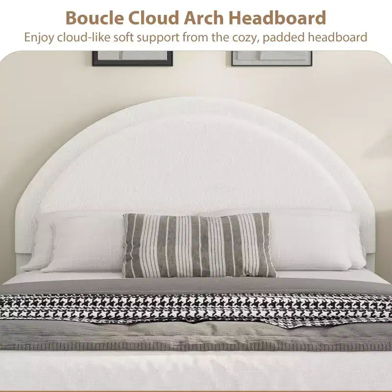 Cadre de lit double en tissu bouclette avec 2 tiroirs de rangement, cadre de lit plateforme rembourré doux avec tête de lit ronde, lattes en bois, pas besoin de sommier tapissier