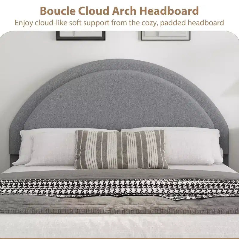 Cadre de lit double en tissu bouclette avec 2 tiroirs de rangement, cadre de lit plateforme rembourré doux avec tête de lit ronde, lattes en bois, pas besoin de sommier tapissier