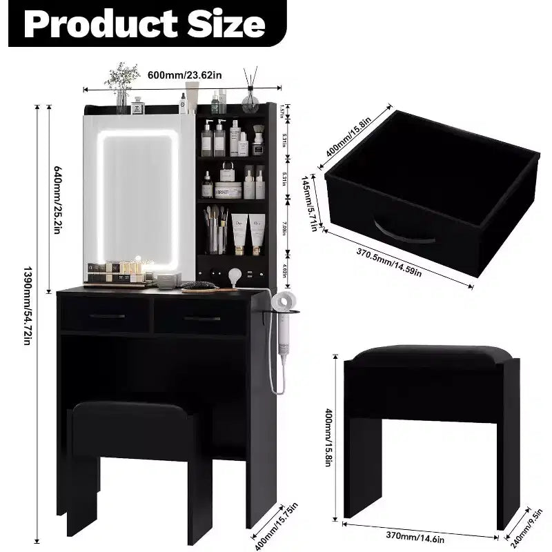 Coiffeuse avec tabouret, Ensemble de maquillage avec miroir, lumières, station de charge, 2 tiroirs, prises de courant, ports USB et armoires RVB