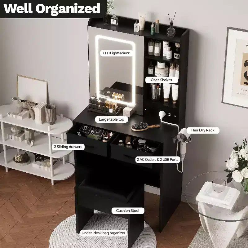 Coiffeuse avec tabouret, Ensemble de maquillage avec miroir, lumières, station de charge, 2 tiroirs, prises de courant, ports USB et armoires RVB
