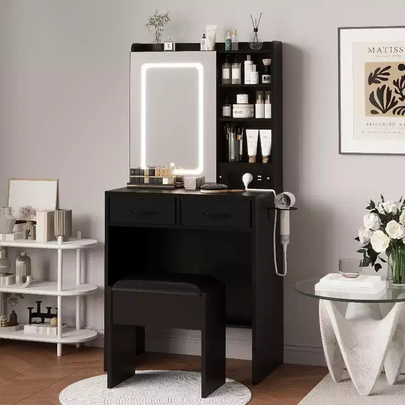 Coiffeuse avec tabouret, Ensemble de maquillage avec miroir, lumières, station de charge, 2 tiroirs, prises de courant, ports USB et armoires RVB