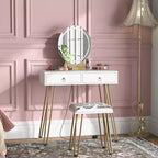 Table with Mirror Lamp, Dressing Table with 4 Drawers, Round Mirror, 3 Lighting Modes, Upholstered Stool  Bedroom Dressing Table