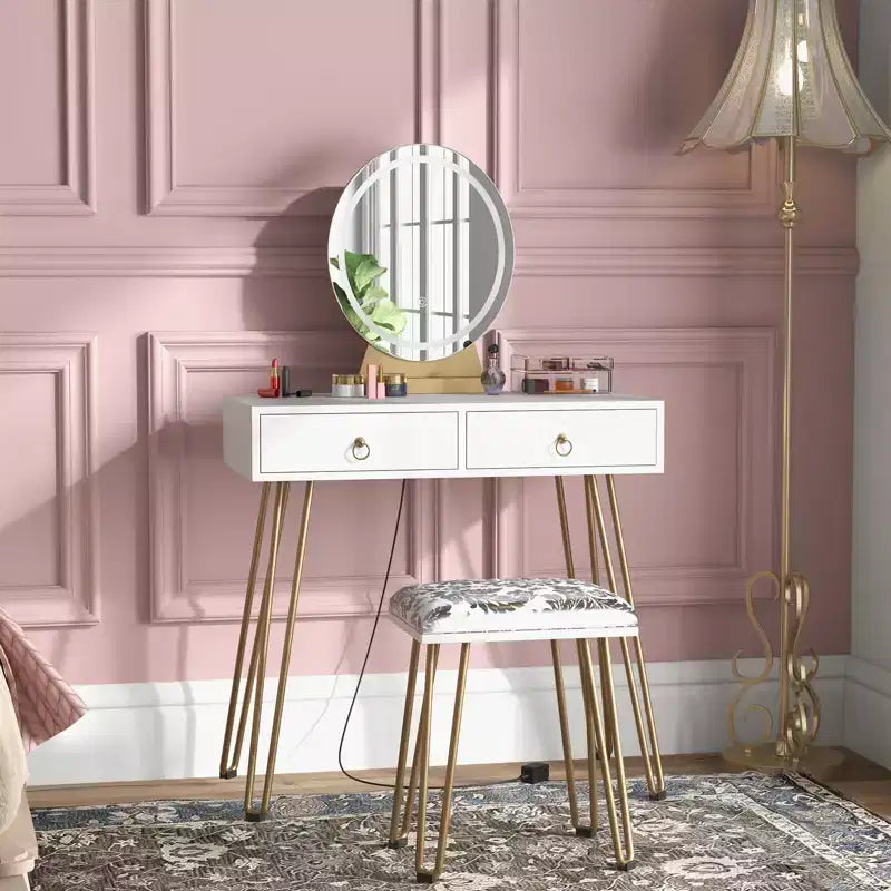 Table with Mirror Lamp, Dressing Table with 4 Drawers, Round Mirror, 3 Lighting Modes, Upholstered Stool  Bedroom Dressing Table