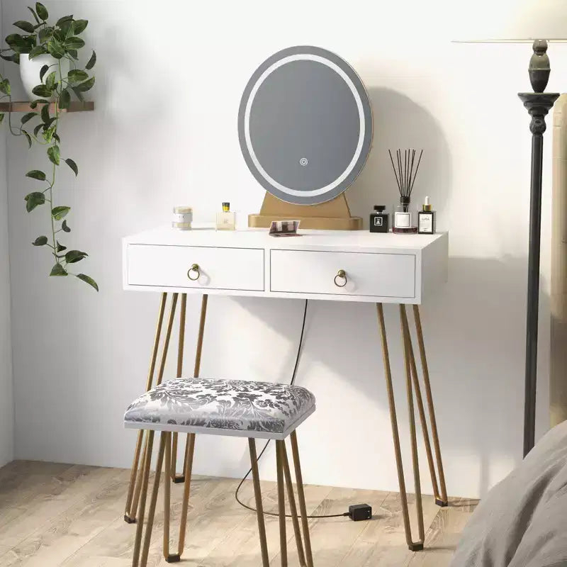 Table avec Lampe Miroir, Coiffeuse avec 4 Tiroirs, Miroir Rond, 3 Modes d'Éclairage, Tabouret Rembourré Coiffeuse de Chambre
