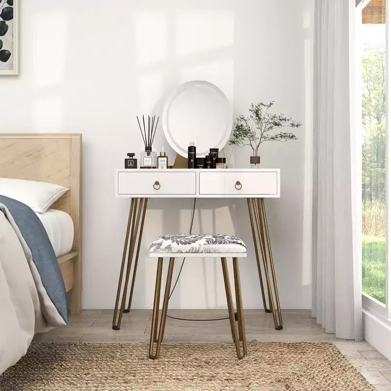 Table avec Lampe Miroir, Coiffeuse avec 4 Tiroirs, Miroir Rond, 3 Modes d'Éclairage, Tabouret Rembourré Coiffeuse de Chambre