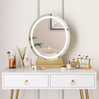 Table avec Lampe Miroir, Coiffeuse avec 4 Tiroirs, Miroir Rond, 3 Modes d'Éclairage, Tabouret Rembourré Coiffeuse de Chambre