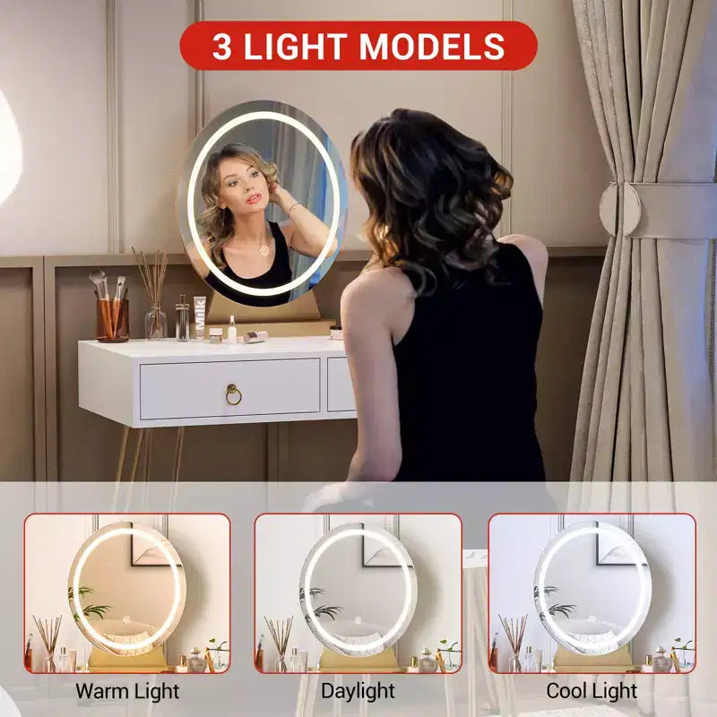 Table avec Lampe Miroir, Coiffeuse avec 4 Tiroirs, Miroir Rond, 3 Modes d'Éclairage, Tabouret Rembourré Coiffeuse de Chambre