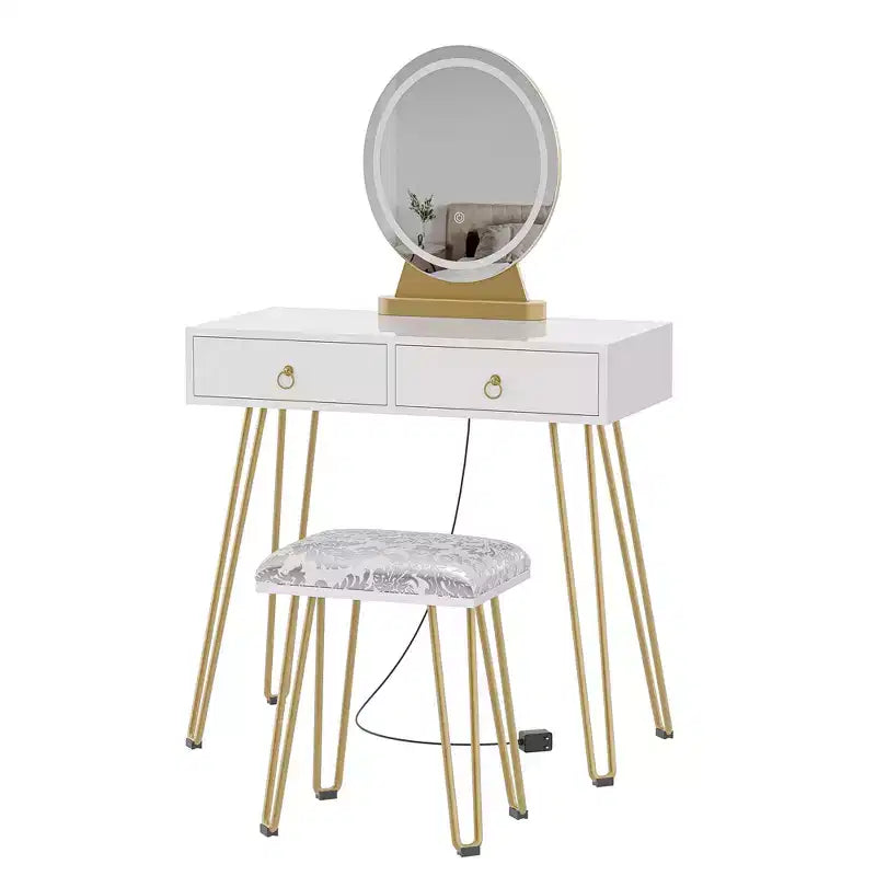 Table avec Lampe Miroir, Coiffeuse avec 4 Tiroirs, Miroir Rond, 3 Modes d'Éclairage, Tabouret Rembourré Coiffeuse de Chambre