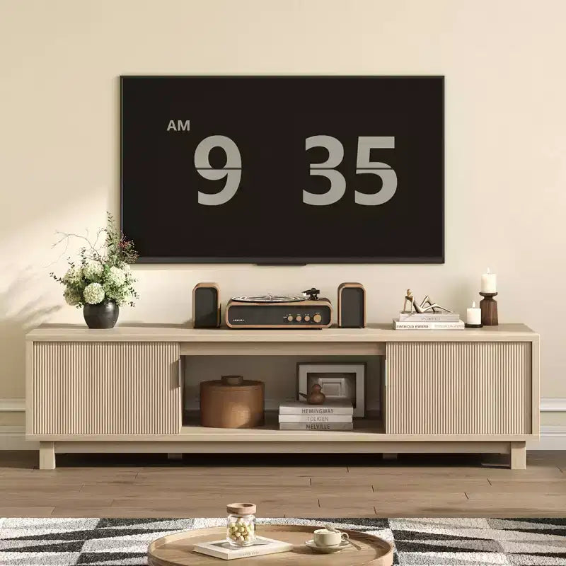 Meuble TV Bestier 178 cm pour téléviseurs jusqu'à 75'', Console TV moderne avec 2 armoires et une étagère centrale ouverte, 2 consoles multimédia avec passe-câbles