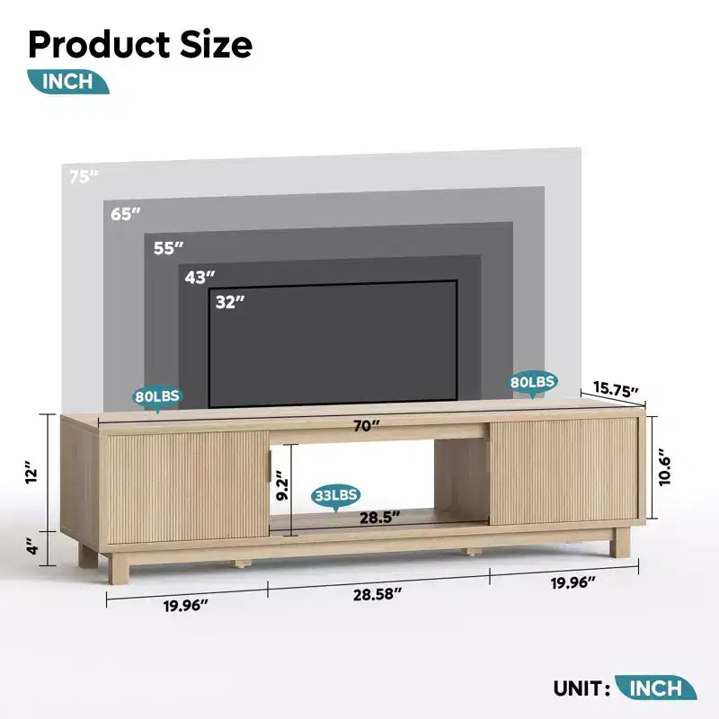 Meuble TV Bestier 178 cm pour téléviseurs jusqu'à 75'', Console TV moderne avec 2 armoires et une étagère centrale ouverte, 2 consoles multimédia avec passe-câbles
