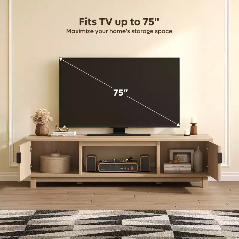 Meuble TV Bestier 178 cm pour téléviseurs jusqu'à 75'', Console TV moderne avec 2 armoires et une étagère centrale ouverte, 2 consoles multimédia avec passe-câbles