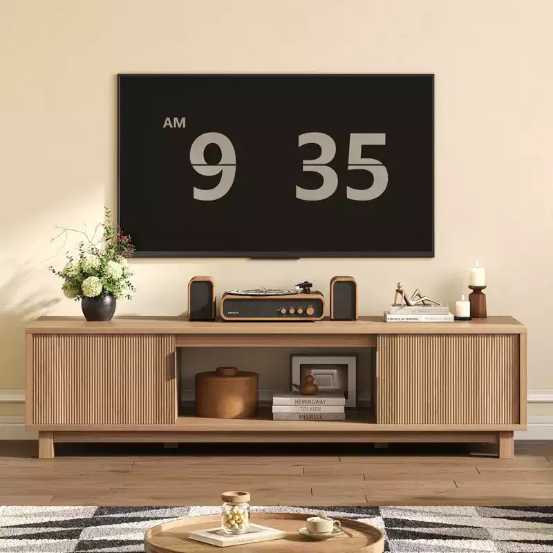 Meuble TV Bestier 178 cm pour téléviseurs jusqu'à 75'', Console TV moderne avec 2 armoires et une étagère centrale ouverte, 2 consoles multimédia avec passe-câbles