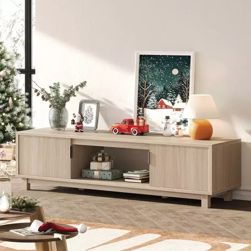 Meuble TV Bestier 178 cm pour téléviseurs jusqu'à 75'', Console TV moderne avec 2 armoires et une étagère centrale ouverte, 2 consoles multimédia avec passe-câbles