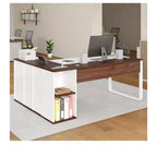 Bureau en L de 180 cm avec tiroirs, bureau de direction avec classeur, bureau d'angle avec étagère pour bureau à domicile, blanc et noyer