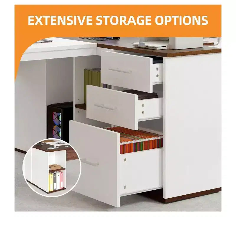 Bureau en L de 180 cm avec tiroirs, bureau de direction avec classeur, bureau d'angle avec étagère pour bureau à domicile, blanc et noyer