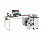 Bureau en L de 180 cm avec tiroirs, bureau de direction avec classeur, bureau d'angle avec étagère pour bureau à domicile, blanc et noyer