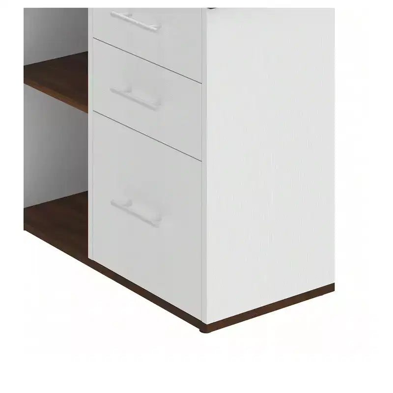 Bureau en L de 180 cm avec tiroirs, bureau de direction avec classeur, bureau d'angle avec étagère pour bureau à domicile, blanc et noyer