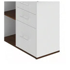 Bureau en L de 180 cm avec tiroirs, bureau de direction avec classeur, bureau d'angle avec étagère pour bureau à domicile, blanc et noyer