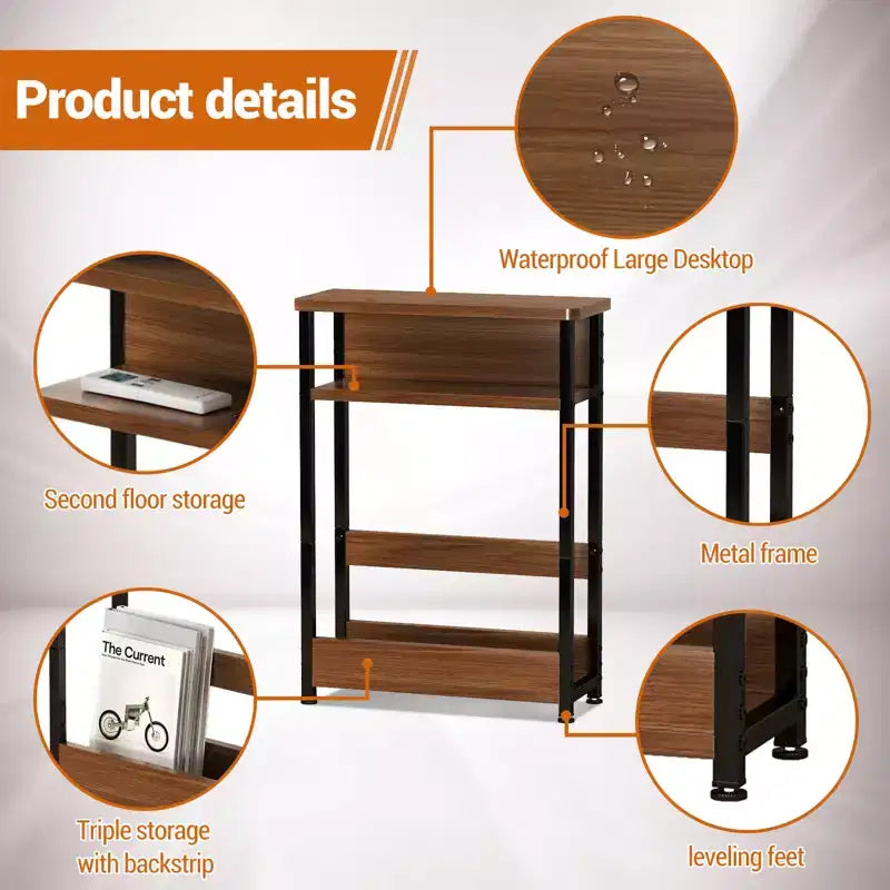 Table d'appoint étroite COZONY avec étagère de rangement à 3 niveaux et porte-revues, table de chevet mince pour petits espaces, table de nuit étroite et moderne pour salon