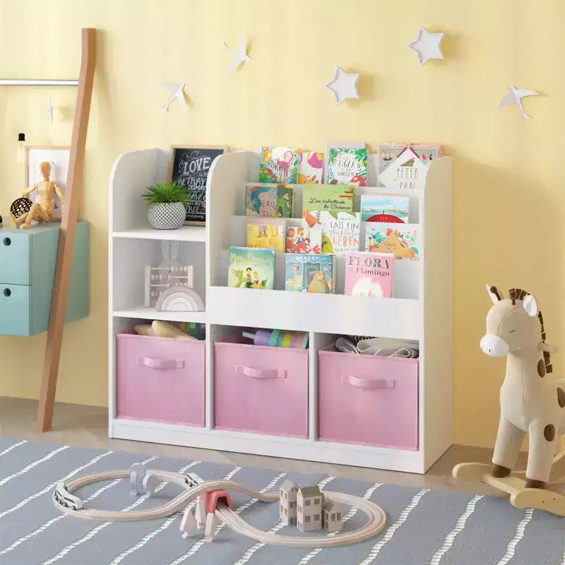 Organisateur de Rangement de Livres pour Enfants 3 Tiroirs Pliables, Étagère Bibliothèque en Bois avec Compartiments, Maison, Salle de Jeux, Couloir, Maternelle