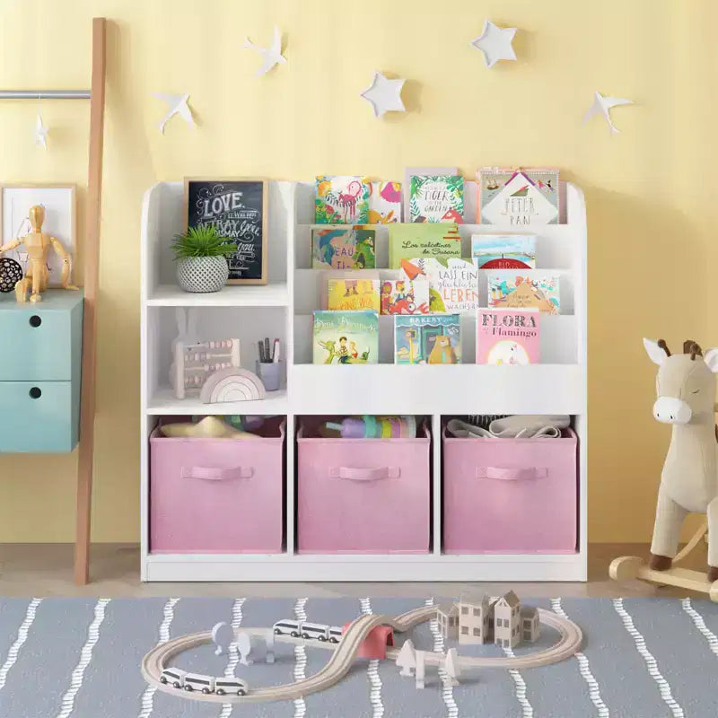 Organisateur de Rangement de Livres pour Enfants 3 Tiroirs Pliables, Étagère Bibliothèque en Bois avec Compartiments, Maison, Salle de Jeux, Couloir, Maternelle