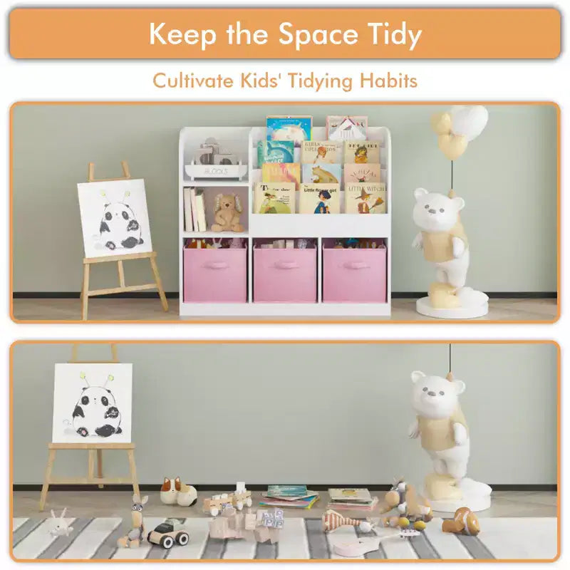 Organisateur de Rangement de Livres pour Enfants 3 Tiroirs Pliables, Étagère Bibliothèque en Bois avec Compartiments, Maison, Salle de Jeux, Couloir, Maternelle