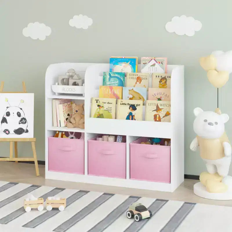 Organisateur de Rangement de Livres pour Enfants 3 Tiroirs Pliables, Étagère Bibliothèque en Bois avec Compartiments, Maison, Salle de Jeux, Couloir, Maternelle