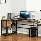 Bureau d'ordinateur d'angle en L avec étagères de rangement, 2 tiroirs et cadre en acier industriel