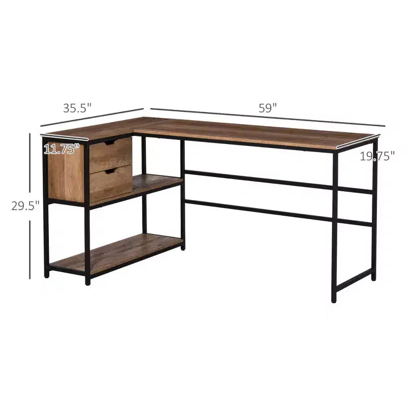 Bureau d'ordinateur d'angle en L avec étagères de rangement, 2 tiroirs et cadre en acier industriel