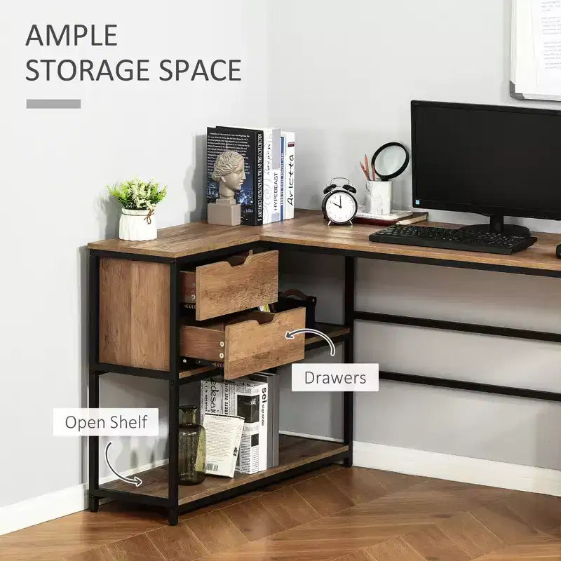 Bureau d'ordinateur d'angle en L avec étagères de rangement, 2 tiroirs et cadre en acier industriel