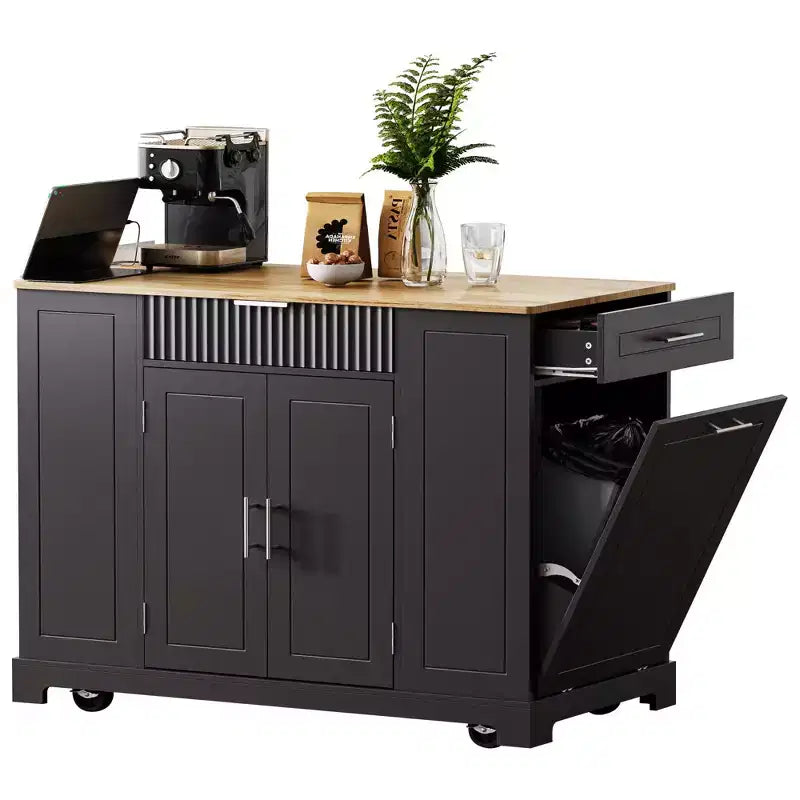 Pexfix Îlot de cuisine avec meuble de rangement pour poubelle et prise de courant et étagère de rangement et 3 tiroirs et 3 étagères latérales ouvertes pour poubelle de 38 litres, noir
