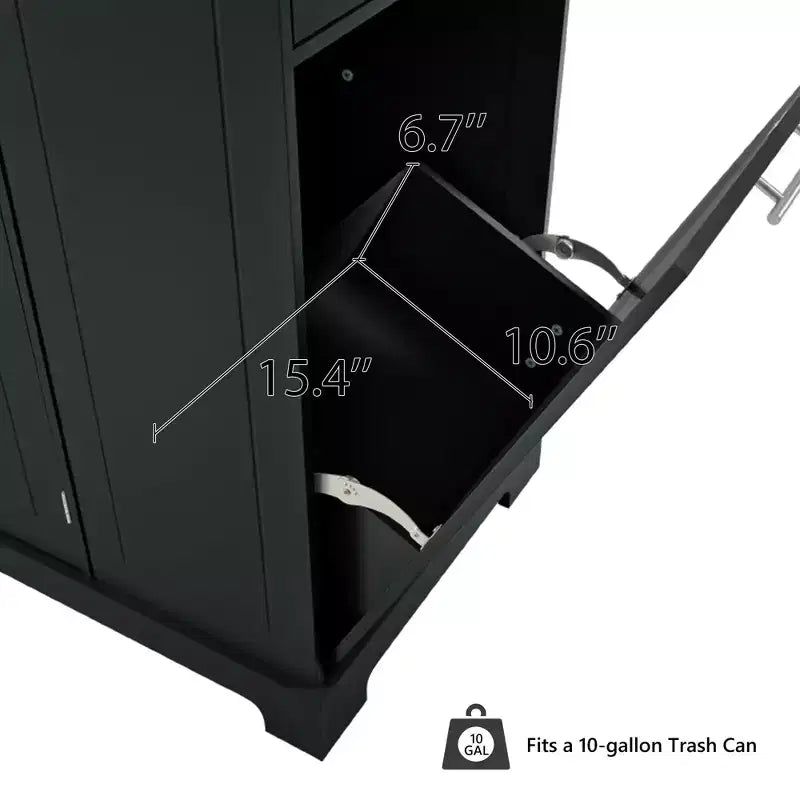 Pexfix Îlot de cuisine avec meuble de rangement pour poubelle et prise de courant et étagère de rangement et 3 tiroirs et 3 étagères latérales ouvertes pour poubelle de 38 litres, noir
